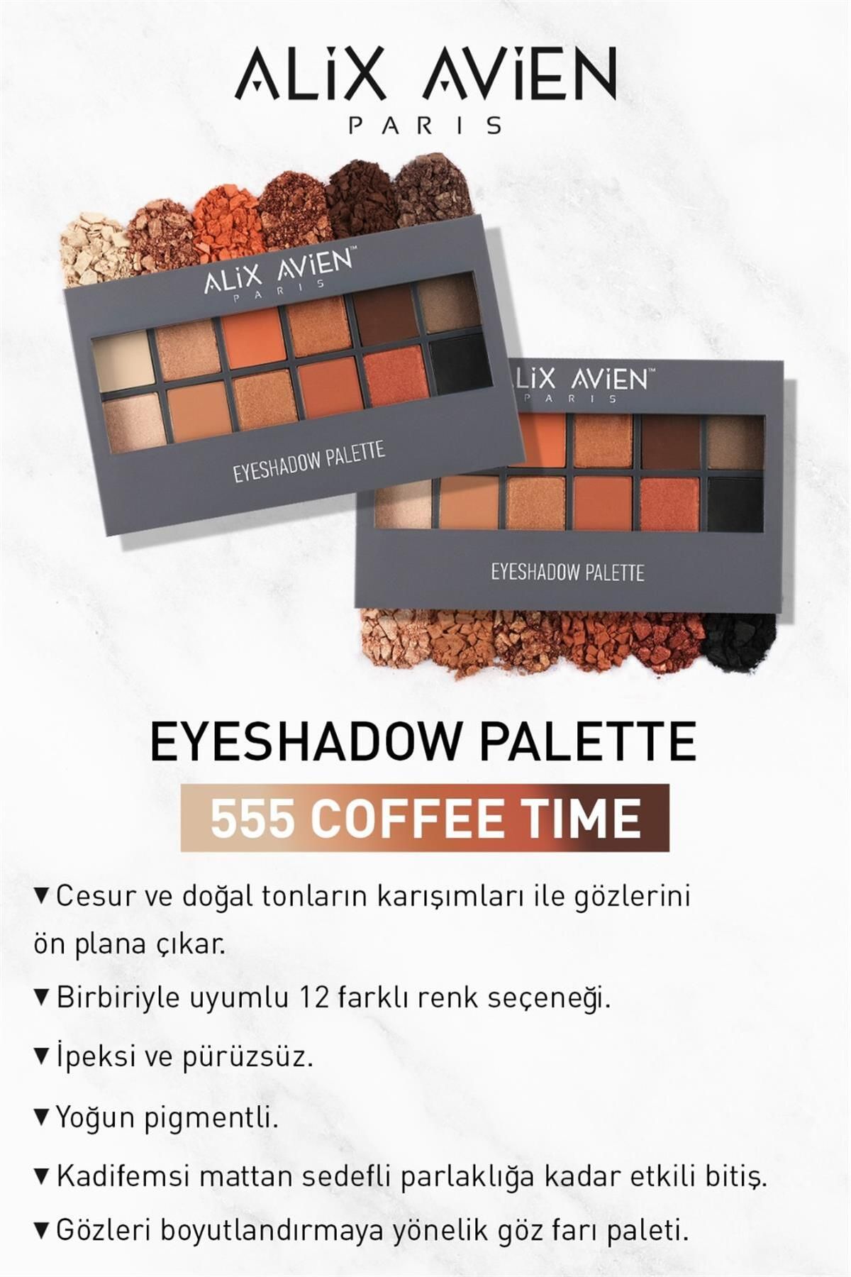سایه چشم پالت چراغ جلو 12LI PALETTE EYESHADOW 555 زمان قهوه 15.6 گرم Alix Avien