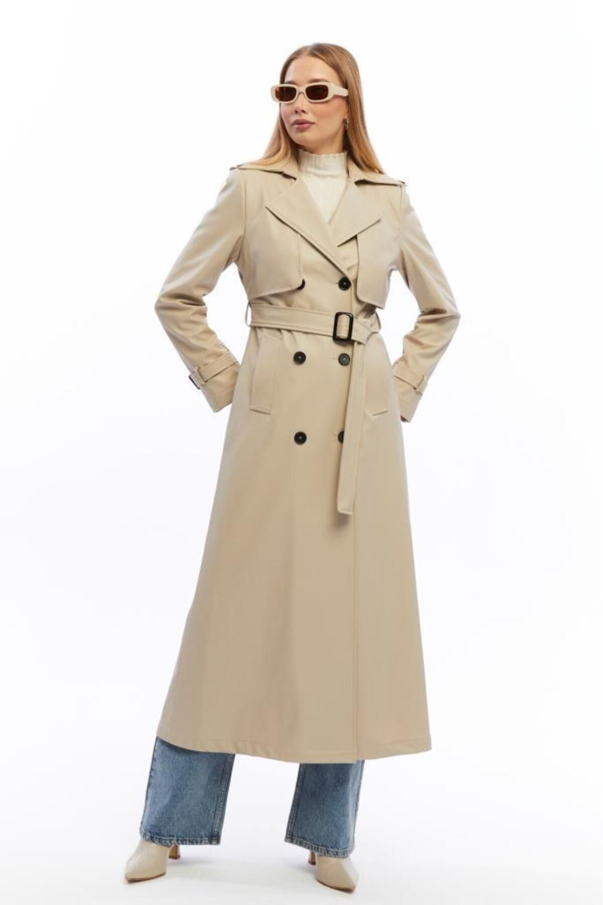 Jamila-Long Leather Trench Coat with Double Pockets 4