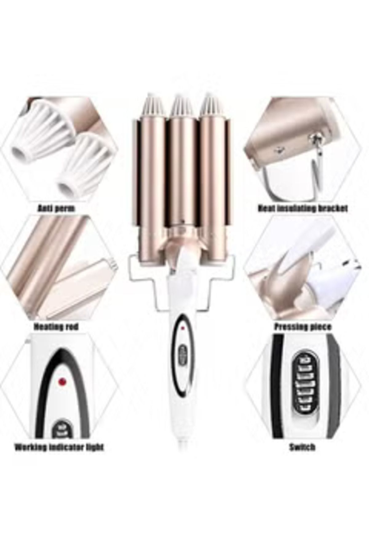 Arabest-3 Barrel Hair Curler Wand Portable Curling Iron Curling Tongs Gold 22MM 2