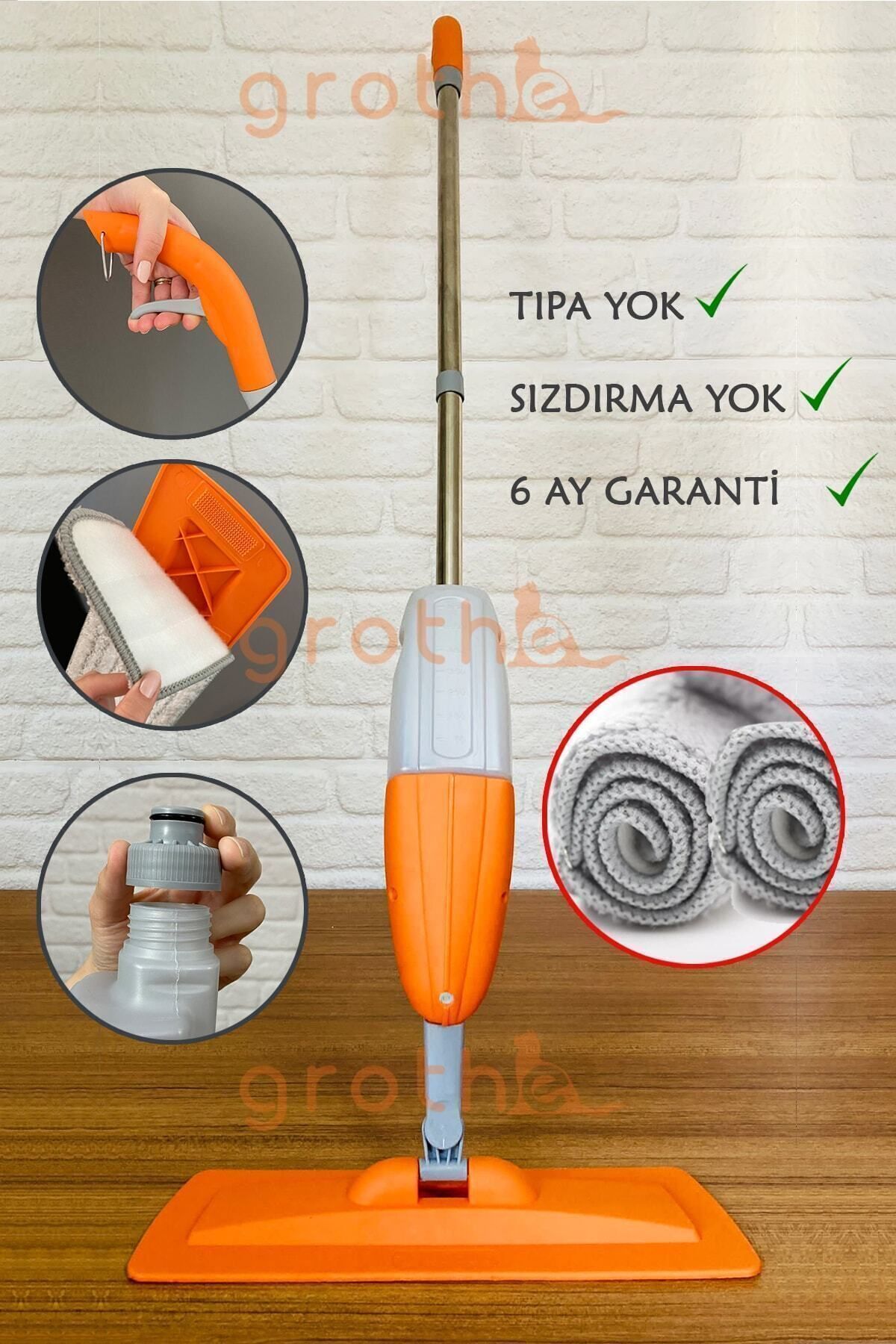 Grothe Wipe Sprey Mop Turuncu - Tıpasız Sistem - 2 Mop Bezli - Üretici Garantili - 700 Cc Su Hazneli