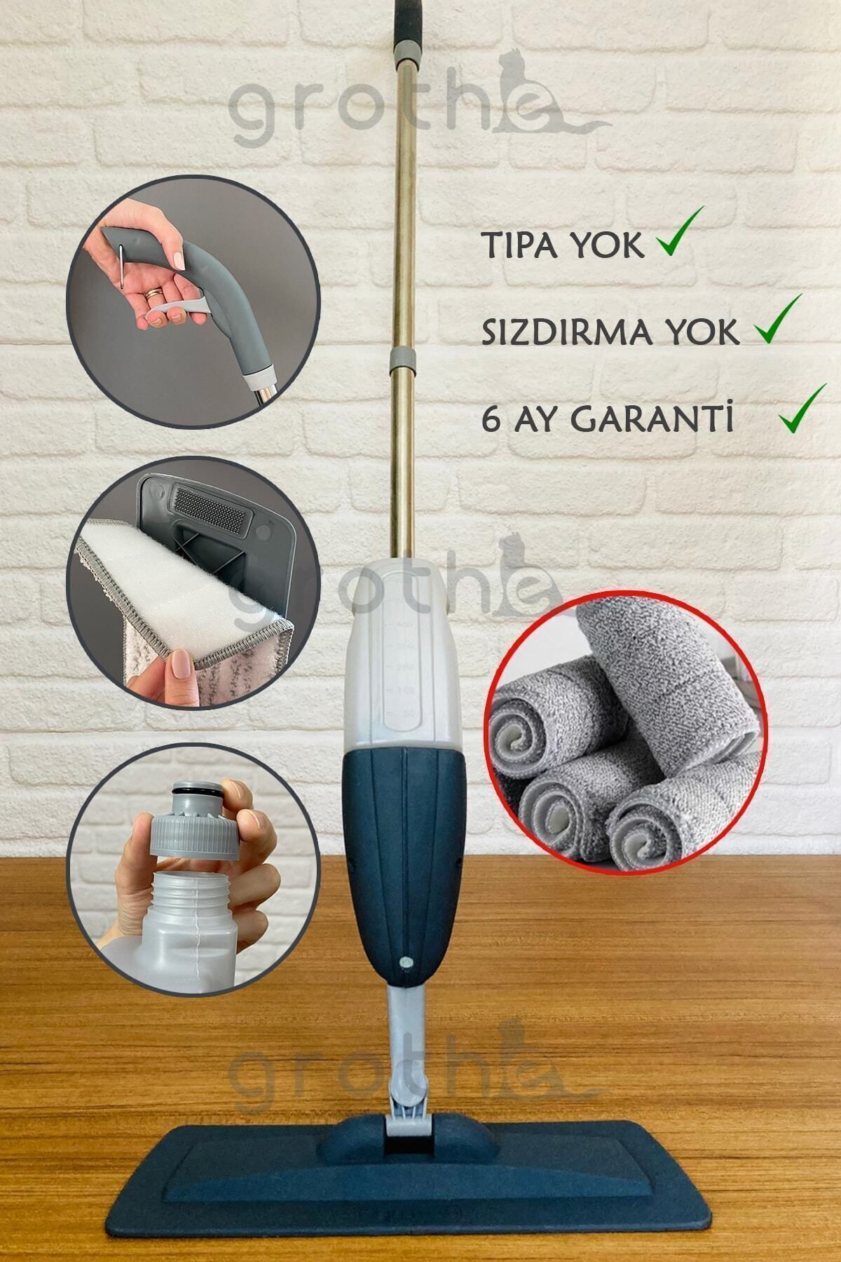 Grothe Wipe Sprey Mop Gri - Tıpasız Sistem - 4 Mop Bezli - Üretici Garantili - 700 Cc Su Hazneli