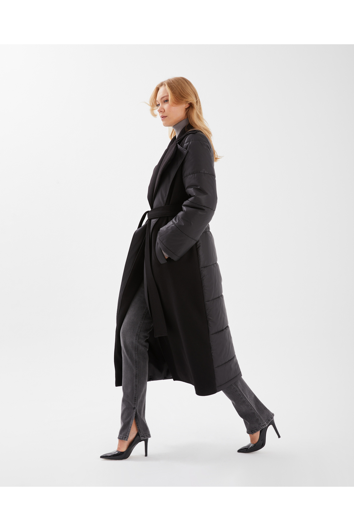 ŞEYDA ERTEM  SİYAH YÜNLÜ KAŞE PUFFER UZUN KALIN MANTO - Görsel 2