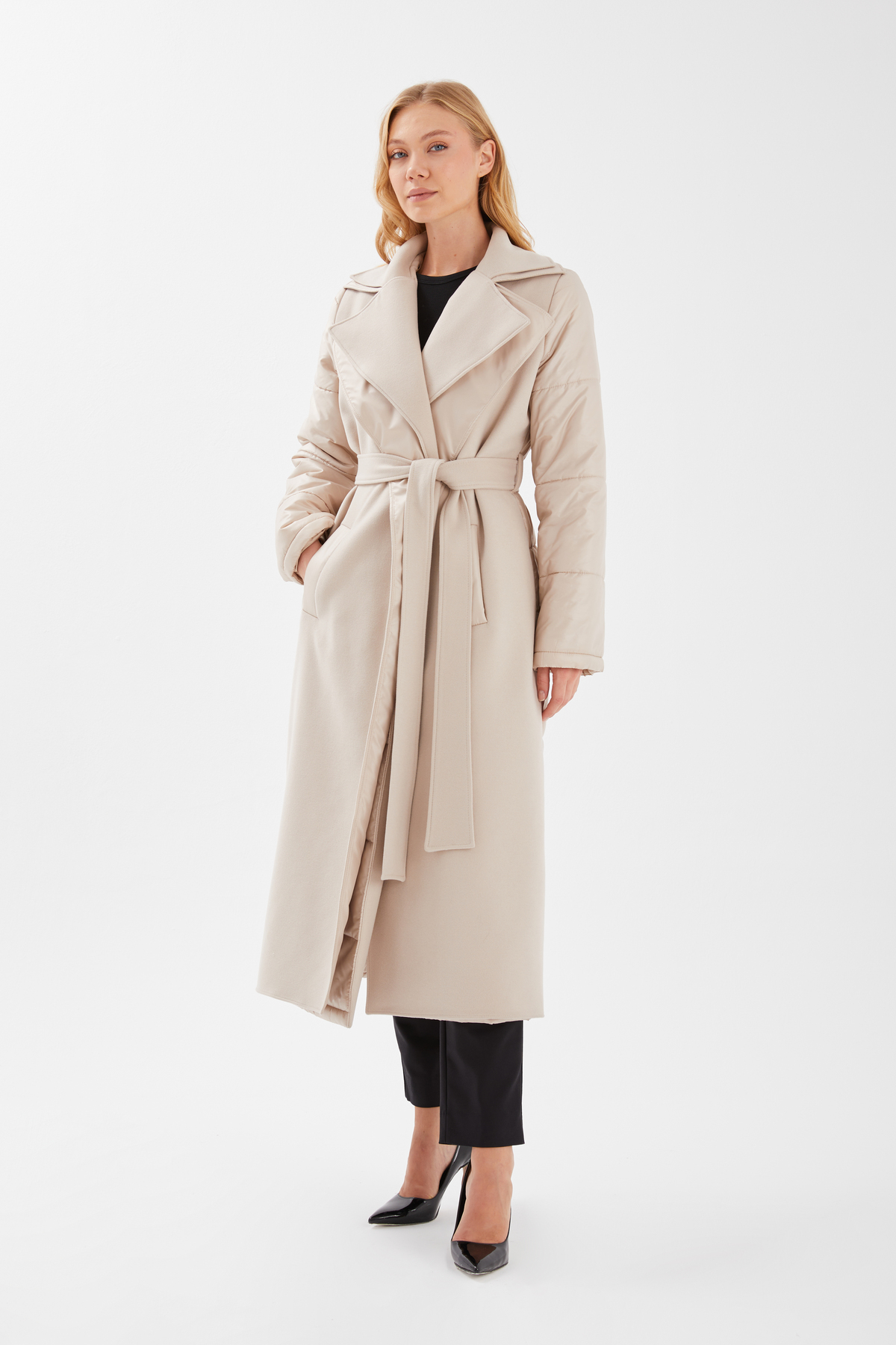 ŞEYDA ERTEM  BEJ YÜNLÜ KAŞE PUFFER UZUN KALIN MANTO - Görsel 4