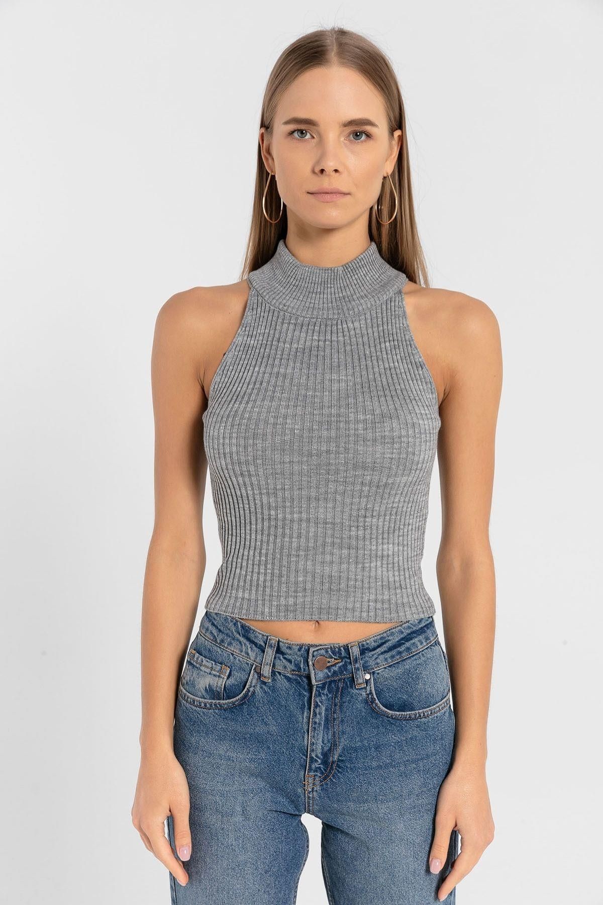 Miss Poem-Women's Turtleneck Turtleneck Sleeveless Short Gray Knitwear Crop 2