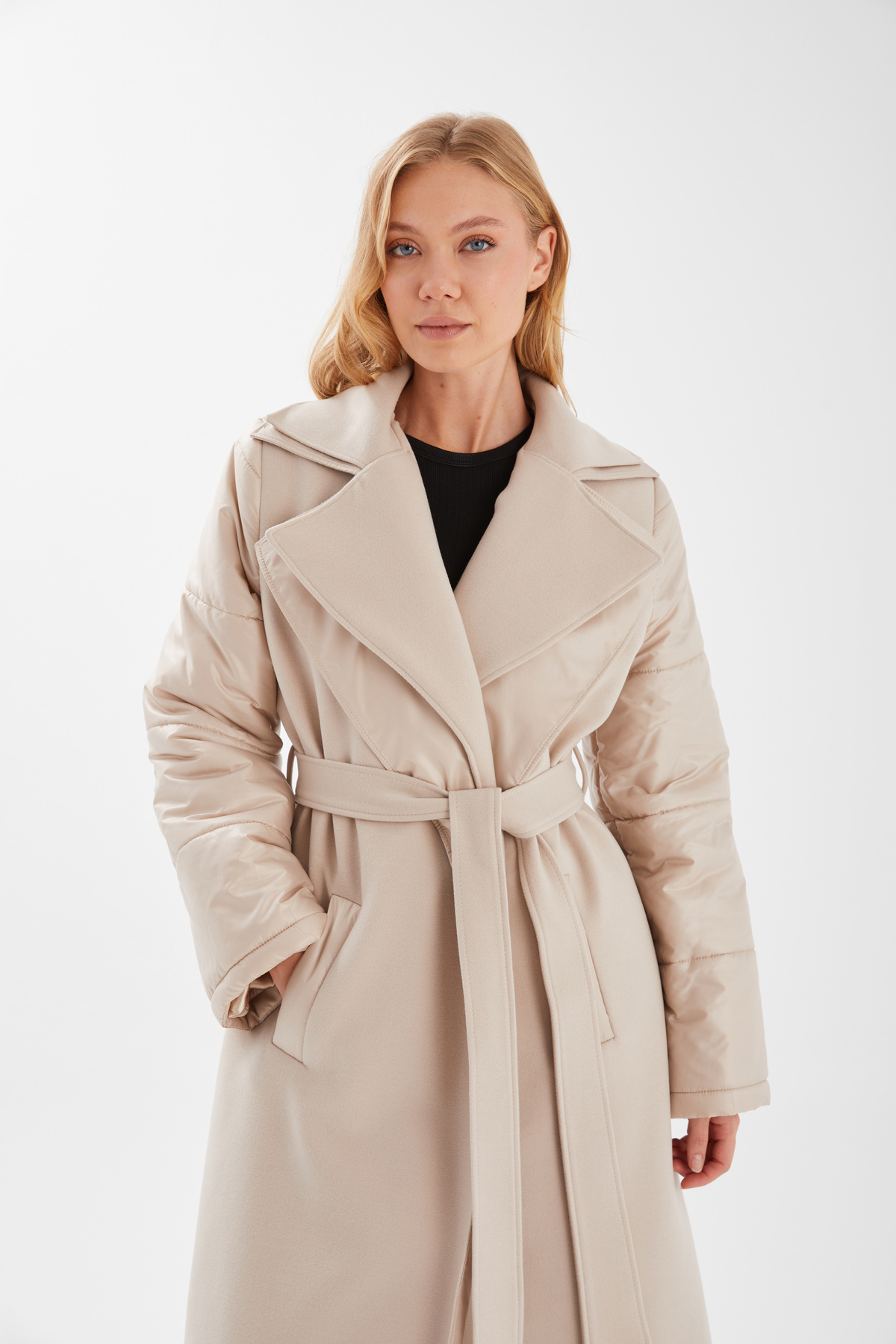ŞEYDA ERTEM  BEJ YÜNLÜ KAŞE PUFFER UZUN KALIN MANTO - Görsel 6