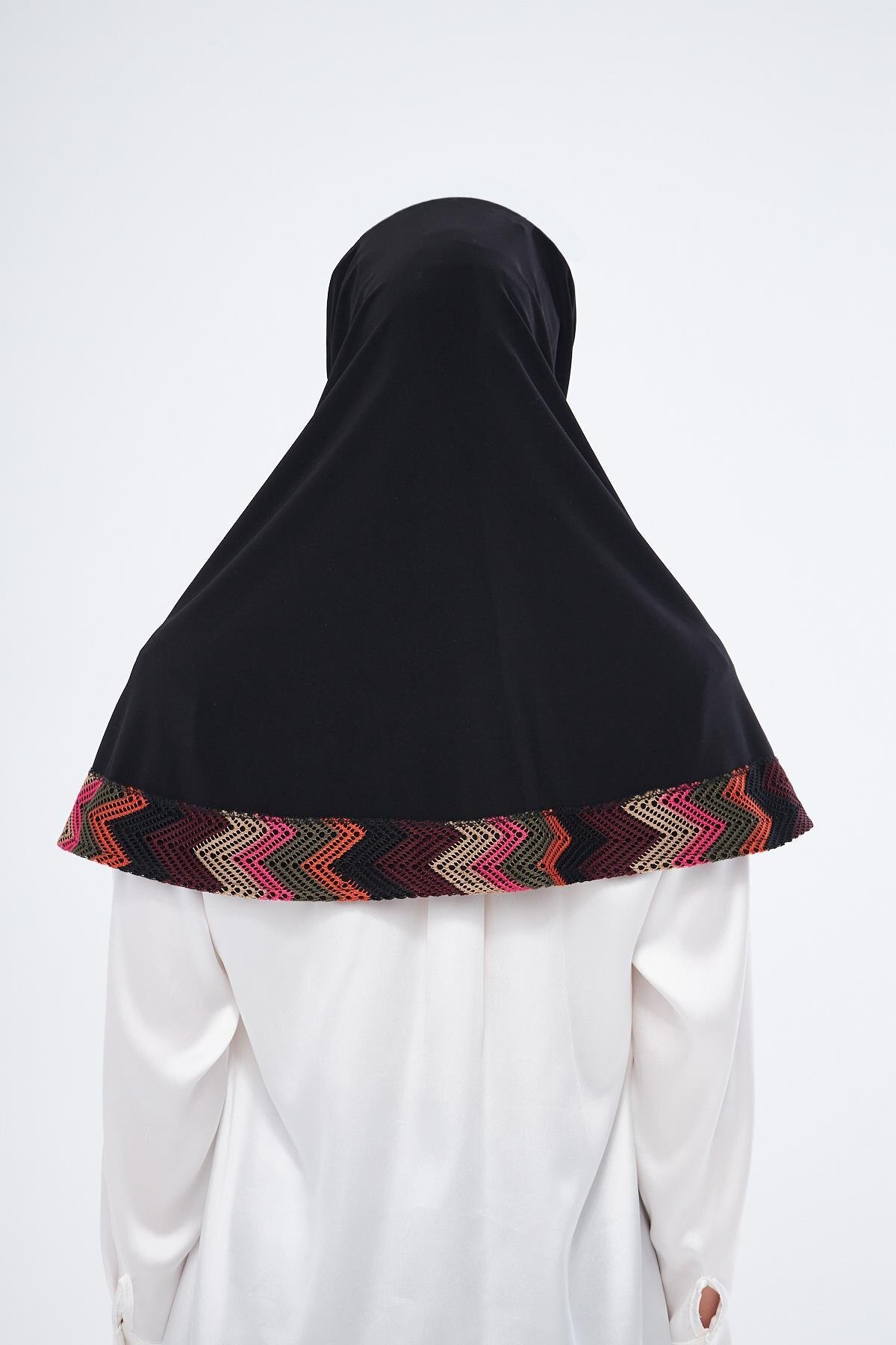 HÜRREM BONE-Practical Ready-Made Black Hijab Scarf - Sandy Colorful Patterned Mesh 2401_01 4