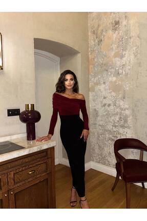 foto Bordo-Siyah Degaje Yaka Garnili Elbise