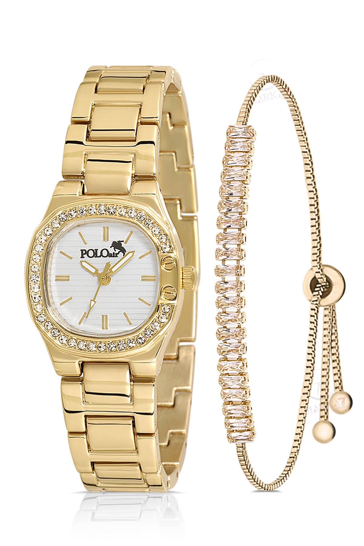 Polo Air Tek Sıra Lüx Taşlı Kadın Kol Saati Zirkon Taşlı Baget Bileklik Kombin Gold Renk PL-1513B1