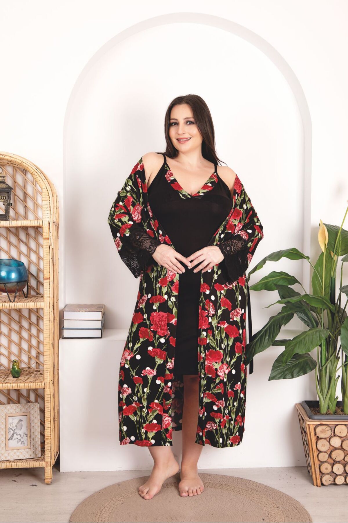 Çiçek Desenli Sabahlıklı Battal Beden Kadın Pamuklu Gecelik 2'li Takım