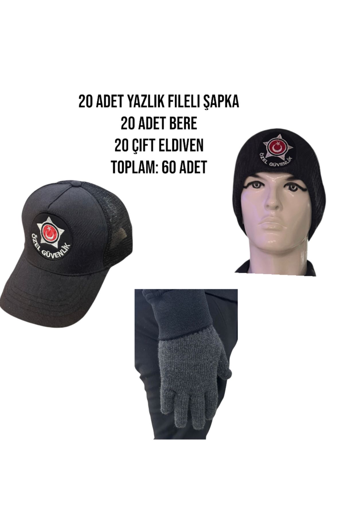 SAMSAMA ÖZEL GÜVENLİK 20 ADET FİLELİ ŞAPKA+BERE+ELDİVEN