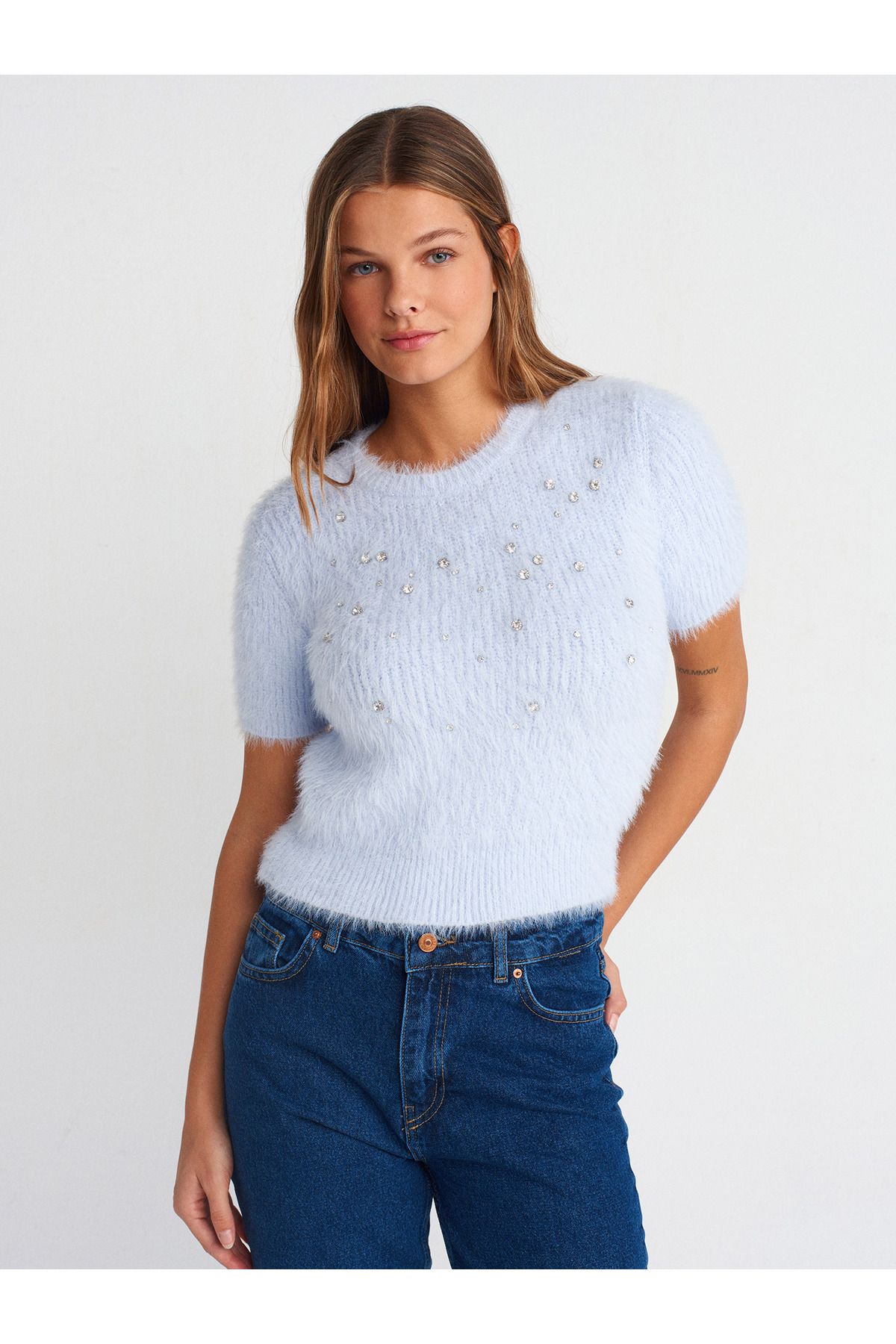 Dilvin-10662 Crew Neck Rhinestone Soft Textured Shiny Knitwear Sweater-Blue 1