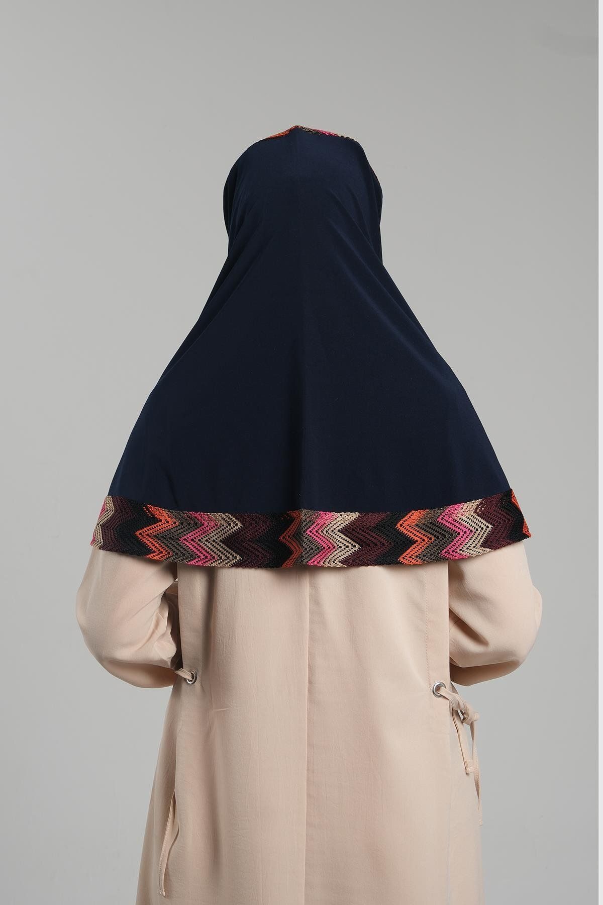 HÜRREM BONE-Practical Navy Blue Hijab Scarf - Ready-Made Snap-On, Colorful Patterned Mesh 2401_02 3