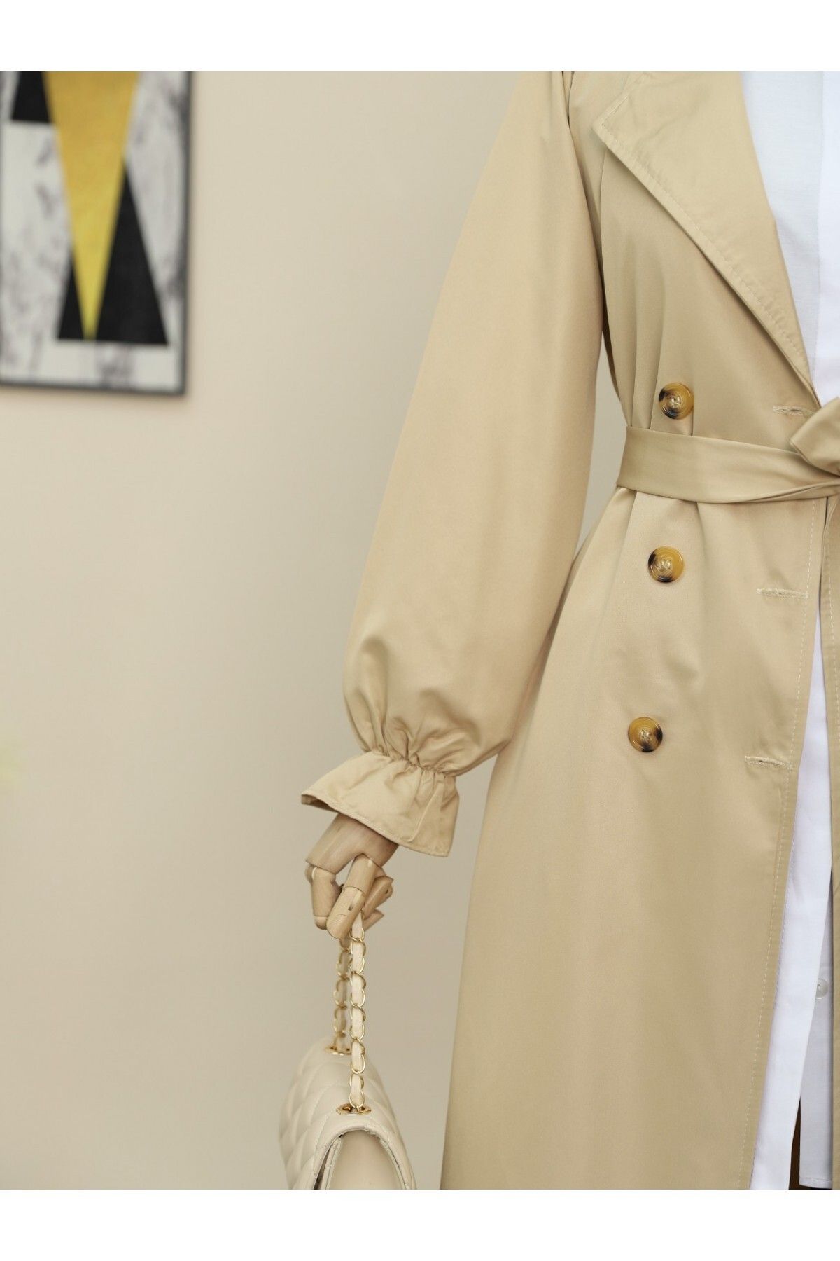 Modamorfo-Double Button Cuff Elastic Waist Tie Trench Coat - Light Mink 4