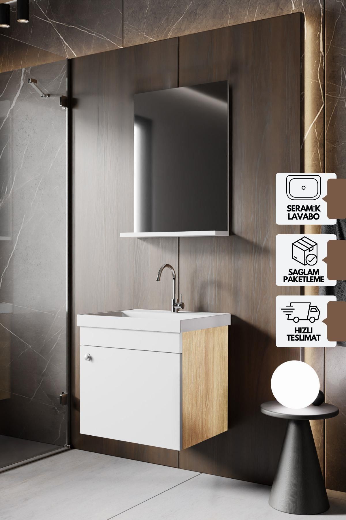 KAREN BANYO Milano 50 Cm Lavabolu Banyo Dolabı,lavabo Dahil, Ayna Dahil,sonomo Meşe