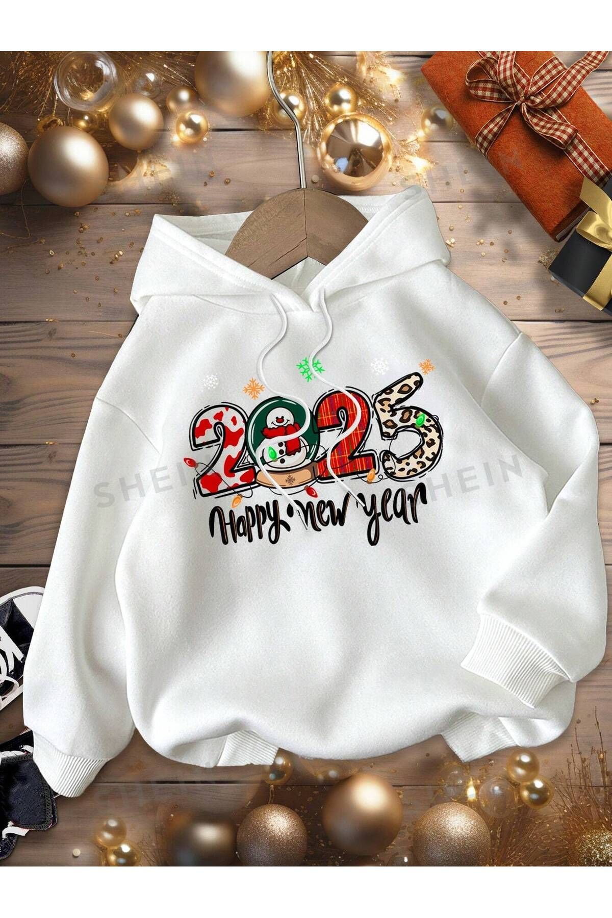 Black Sokak Unısex Beyaz 2025 New Year Baskılı Oversize Kapüşonlu Sweatshirt