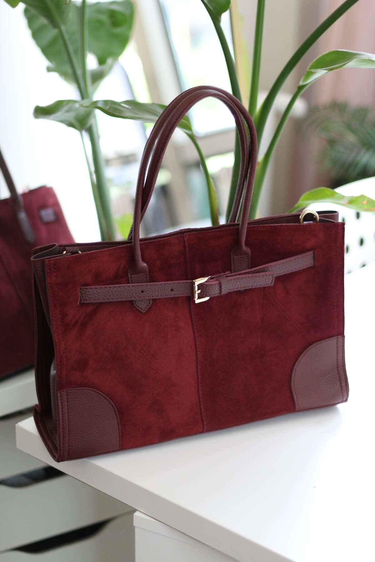 Moom Bag-Women's Burgundy Suede Large Shoulder Bag with Large Clasp Detail 2