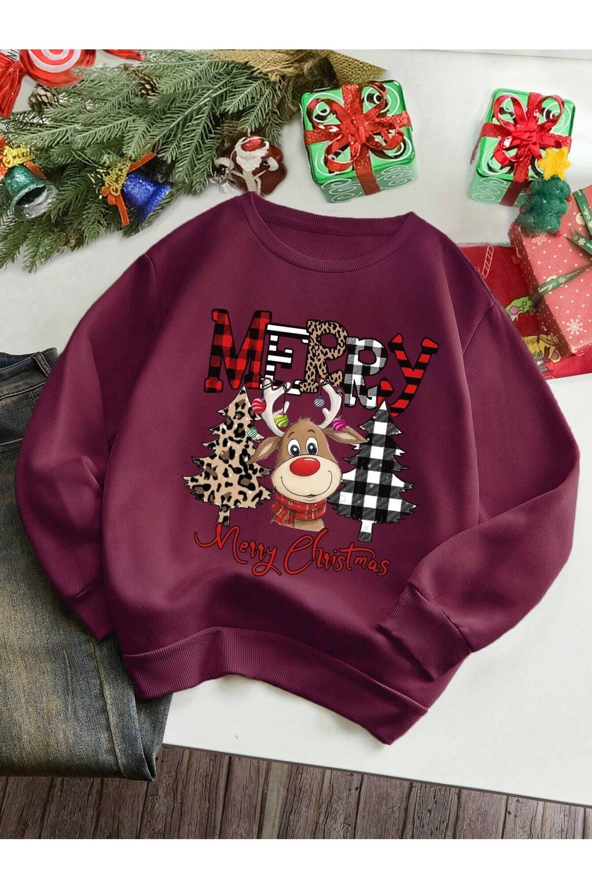 Black Sokak Unısex Bordo Geyikli Merry Chirtmas Baskılı Oversize Bisiklet Yaka Sweatshirt