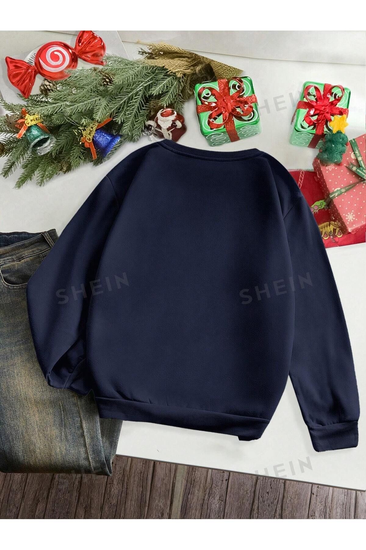 Black Sokak-Unisex Navy Blue Deer Merry Chirtmas Printed Oversize Crew Neck Sweatshirt 2