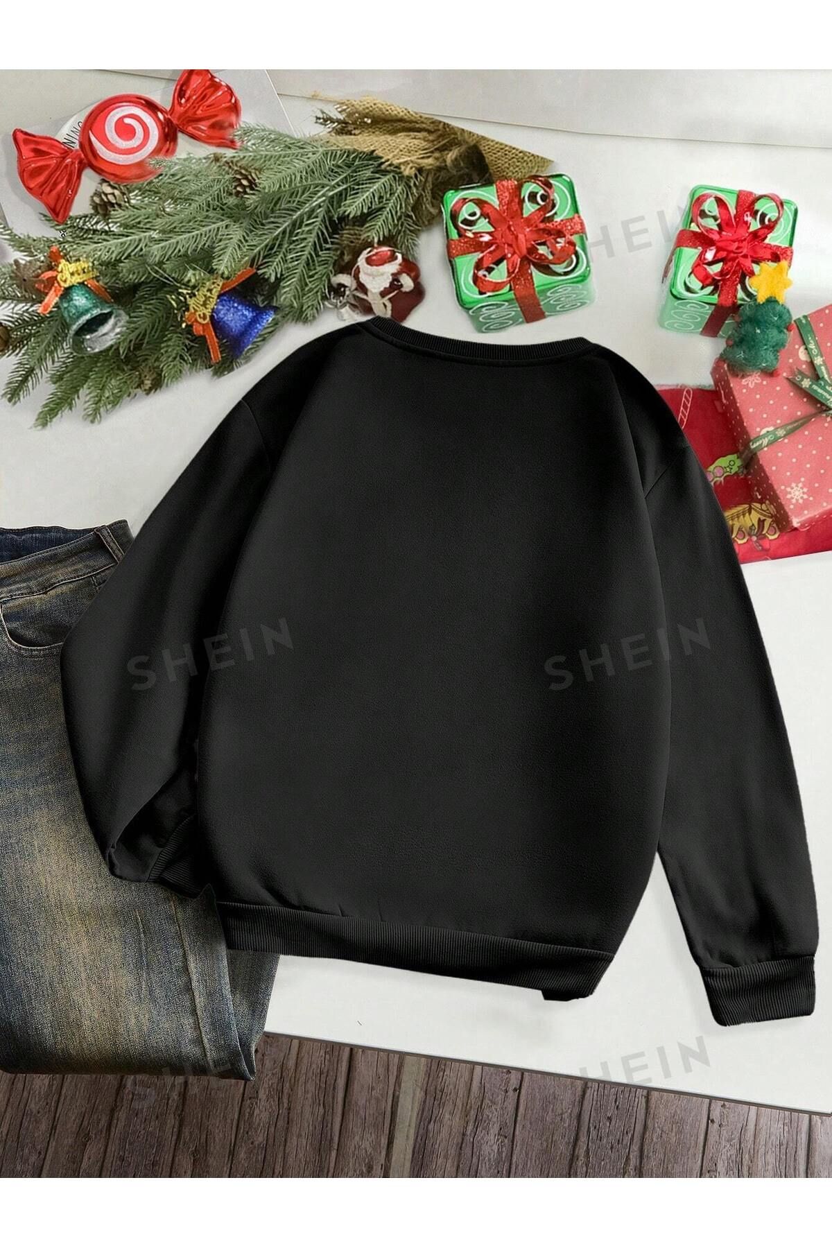 Black Sokak-Unisex Black Deer Merry Chirtmas Printed Oversize Crew Neck Sweatshirt 2