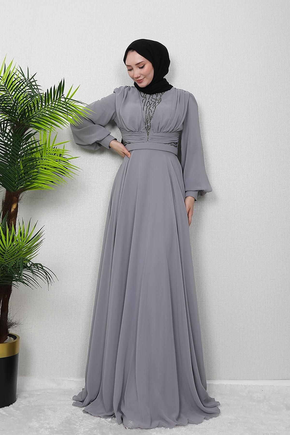 GİZ AGİYİM-Gray Wormwood Chiffon Stone Evening Dress 4