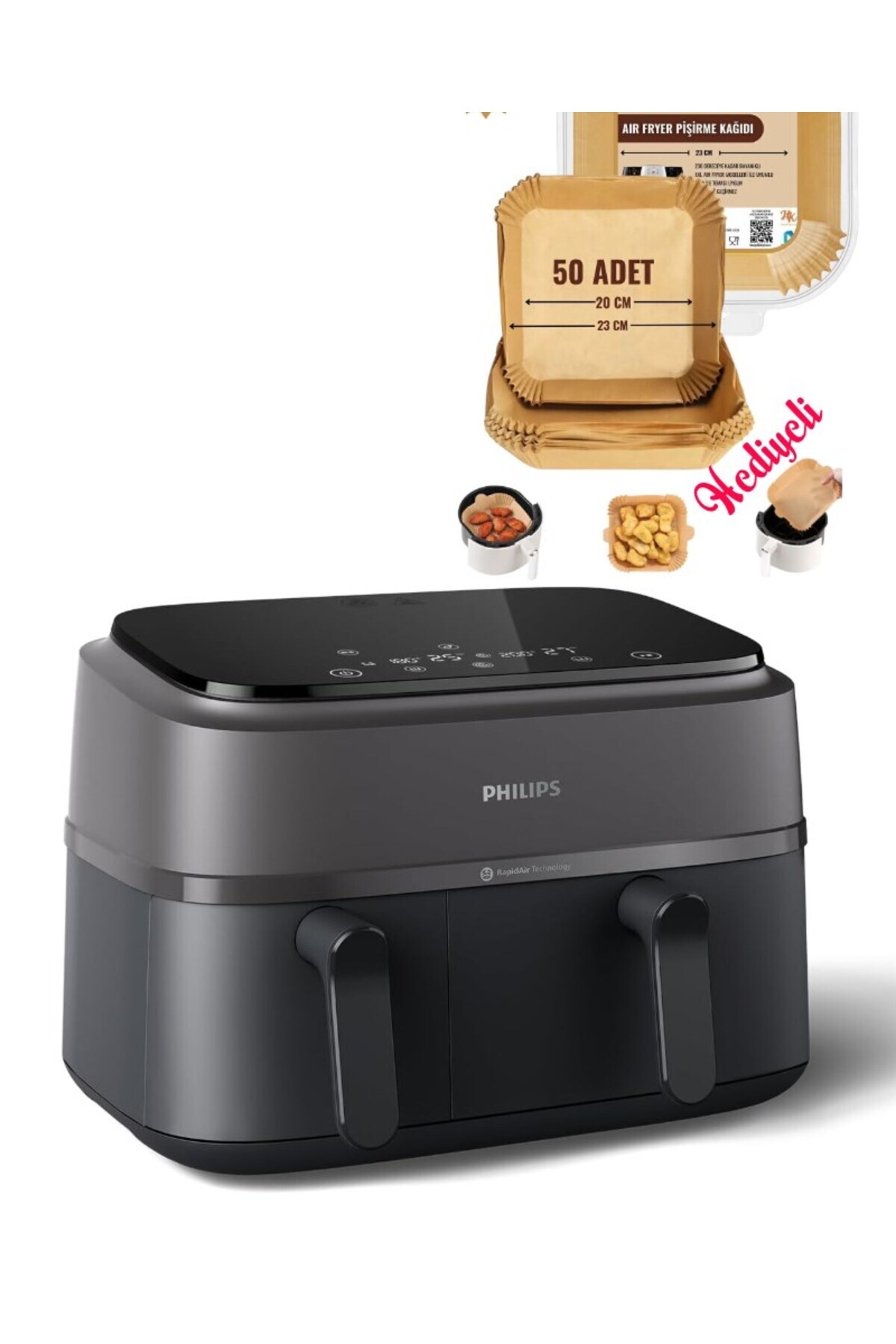 Philips Izgara Köfre, Kızartma, Ana yemek 3000 Serisi Çift Hazneli Airfryer Pişirme Kağıdı +Lambader Hediye