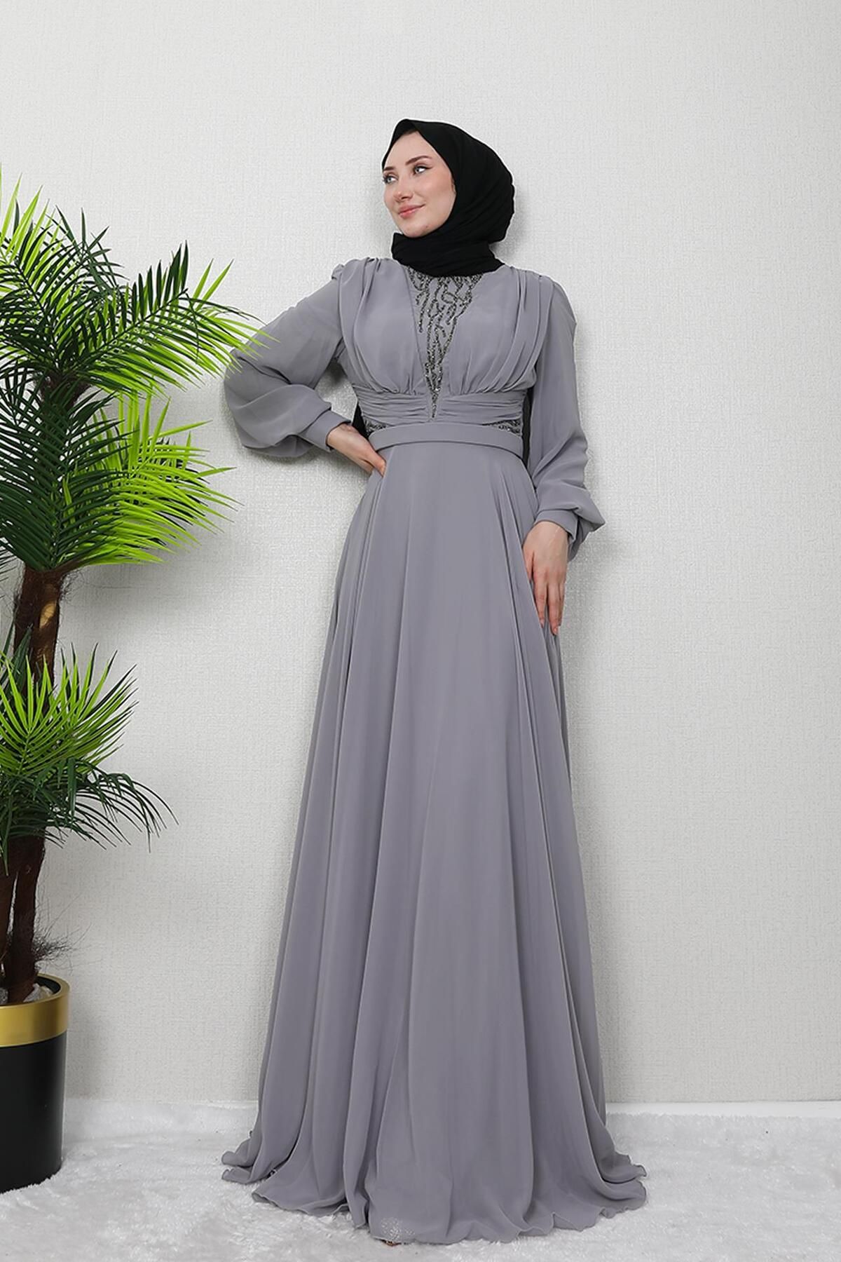 GİZ AGİYİM-Gray Wormwood Chiffon Stone Evening Dress 1