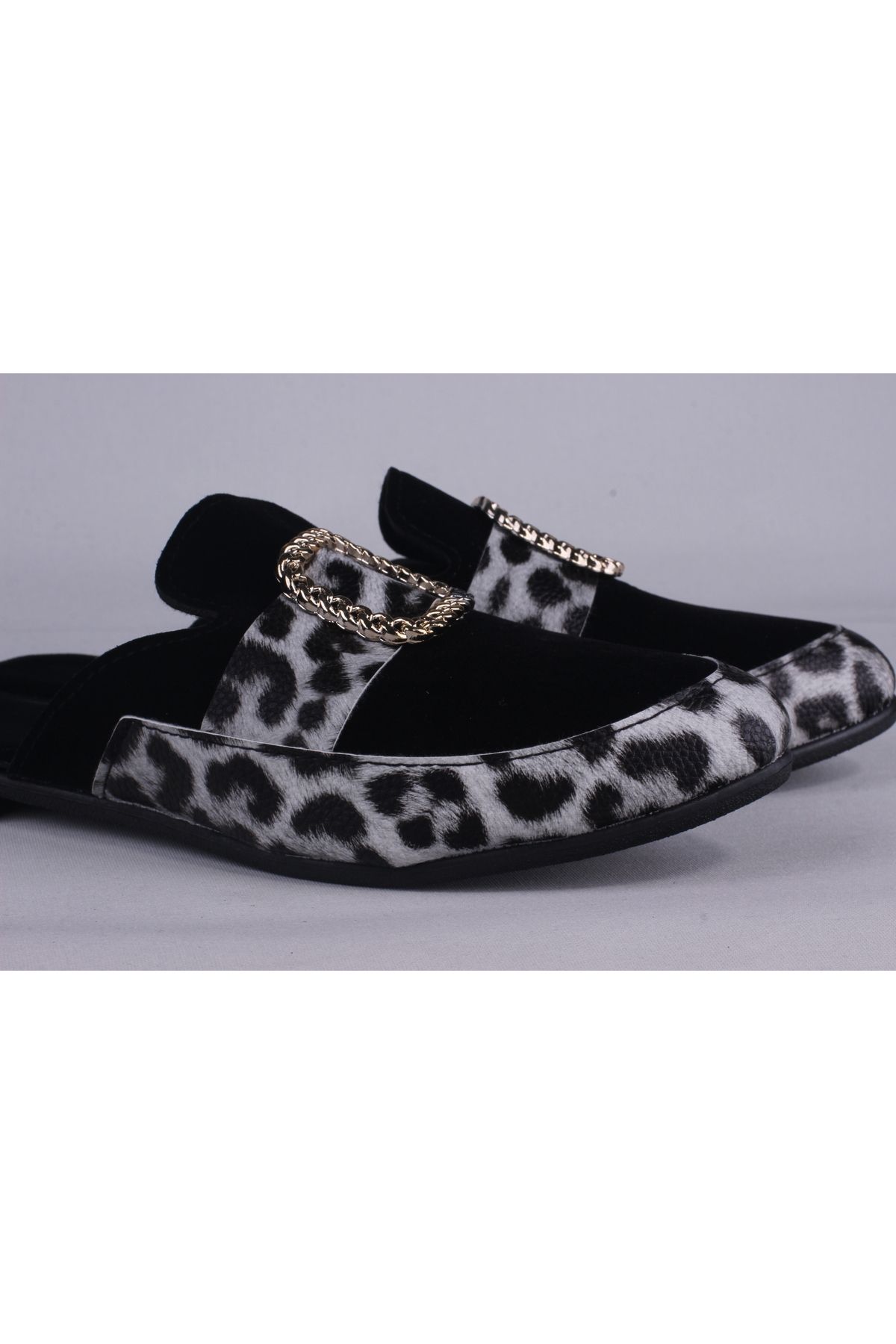 sengahenk-Silver Leopard Detailed Velvet Slippers with Spiral Accessories 6