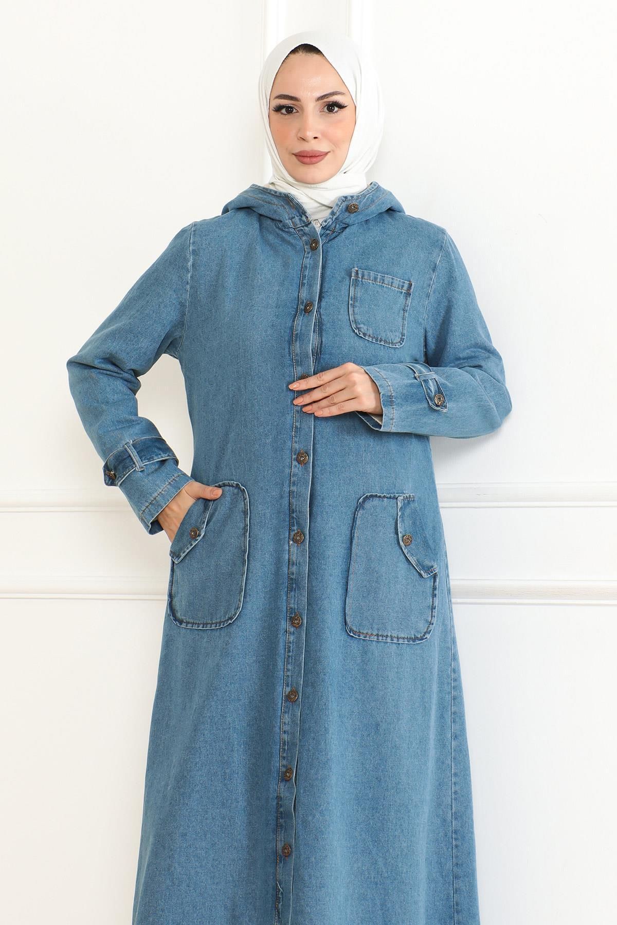 Modamihram-Light Blue Hooded Denim Coat - 19230 2