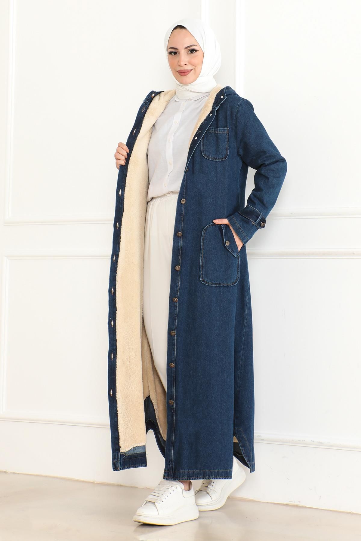 Modamihram-Dark Blue Hooded Denim Coat - 19230 3