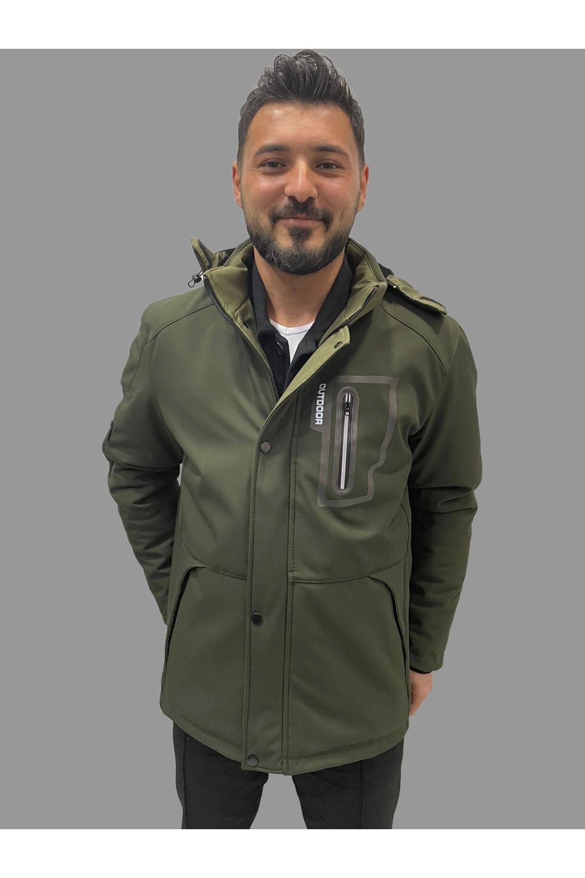 daniel milano Erkek Outdoor Su ve Rüzgar Geçirmez İçi Kürk Detaylı Haki Softshell Kaban&Mont