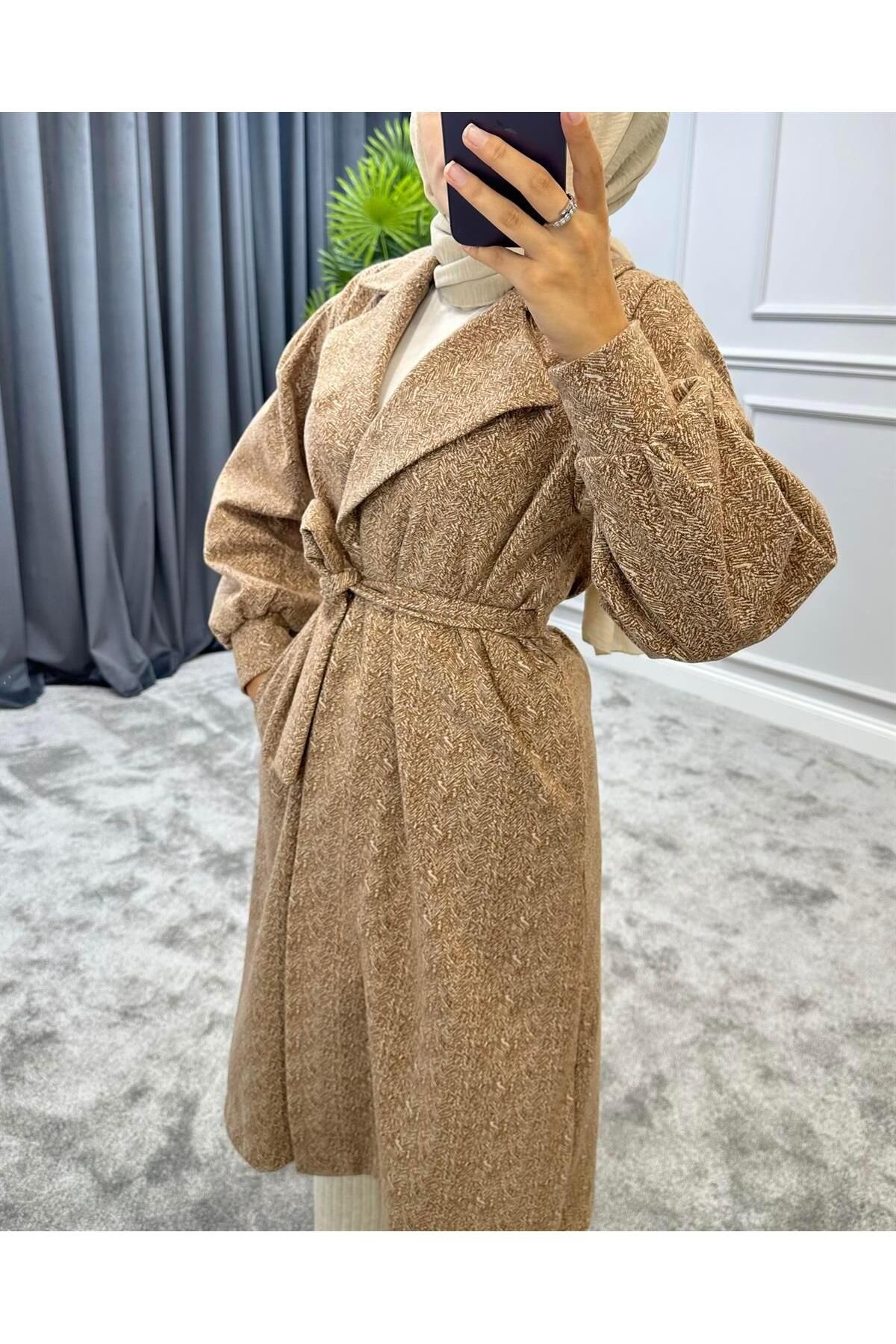 کت پوشیده چند رنگ زنانه شتر COAT اورجینال MERVEN AKYÜZ