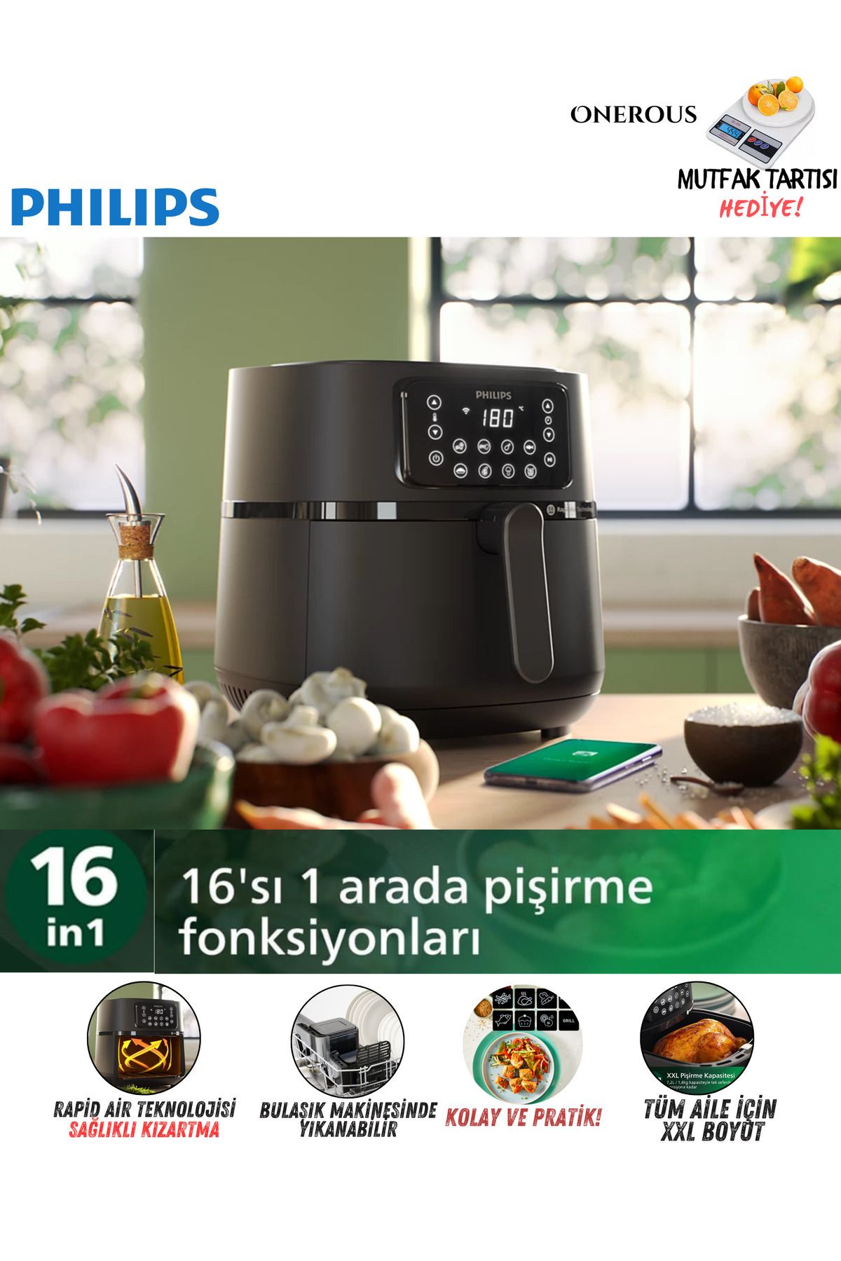 Philips XXL CONNECTED 7.2 Litre Aile Boyu Fritöz Airfryer 16 sı 1 arada, Rapid Air Teknolojisi