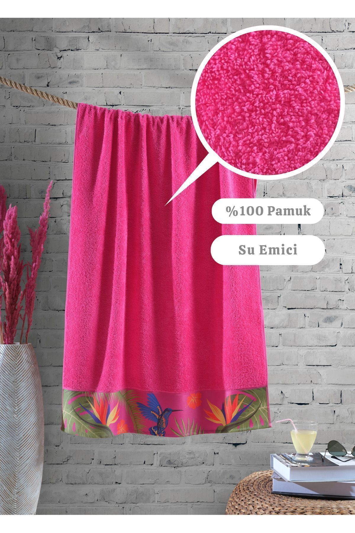 Ellaline-Prosop de plajă roz - 100% bumbac, certificat, absorbant de ultimă generație, chenar cu model, 75x150cm 2