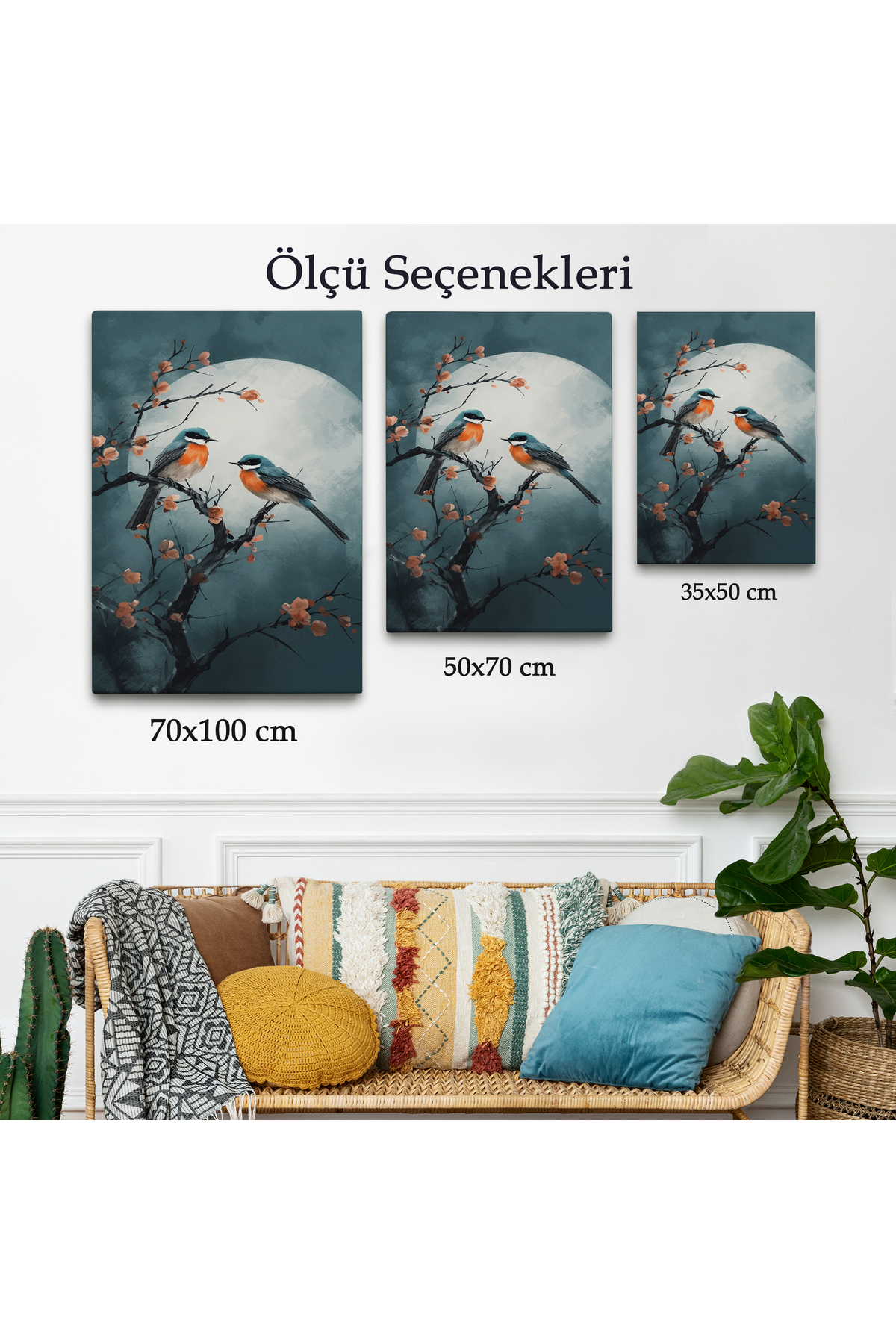 Dallarda Pembe Çiçekli İki Kuş Kanvas Tablo görsel 3