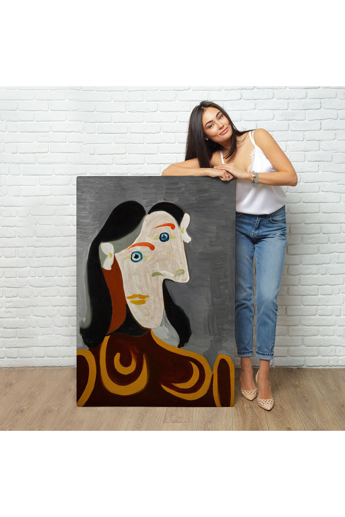 Pablo Picasso - Kahverengi Elbiseli Kadının Büst Kanvas Tablosu görsel 2