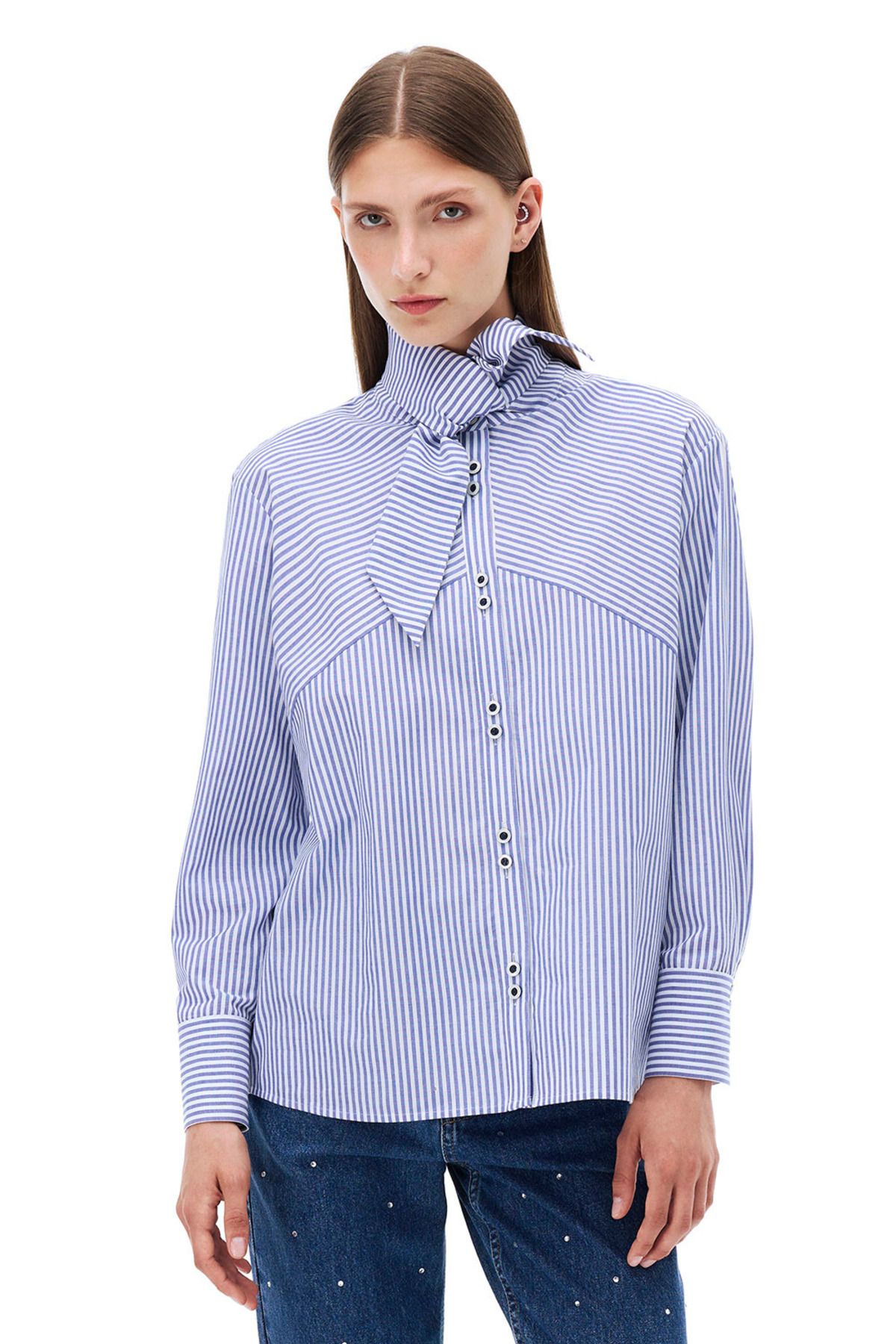 Perspective-Adalias Stripe Print - Low Sleeve White Indigo Shirt, Regular Fit 1