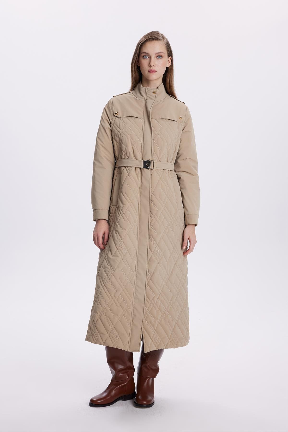 Zühre-Beige Coat with Shoulder Epaulettes and Belt 13714 1