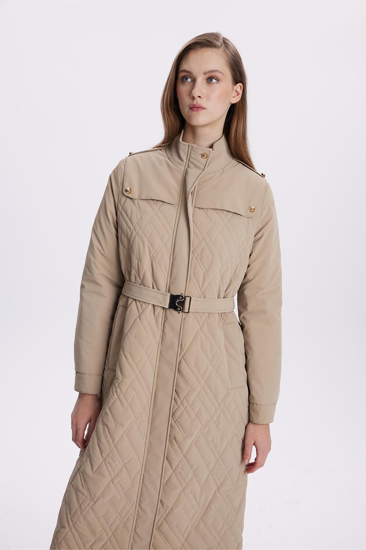 Zühre-Beige Coat with Shoulder Epaulettes and Belt 13714 3