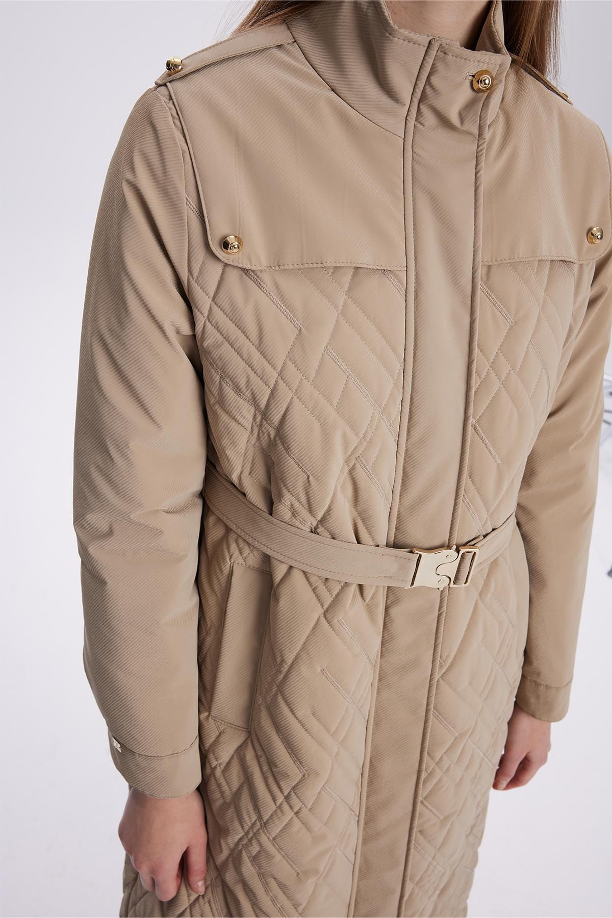 Zühre-Beige Coat with Shoulder Epaulettes and Belt 13714 2