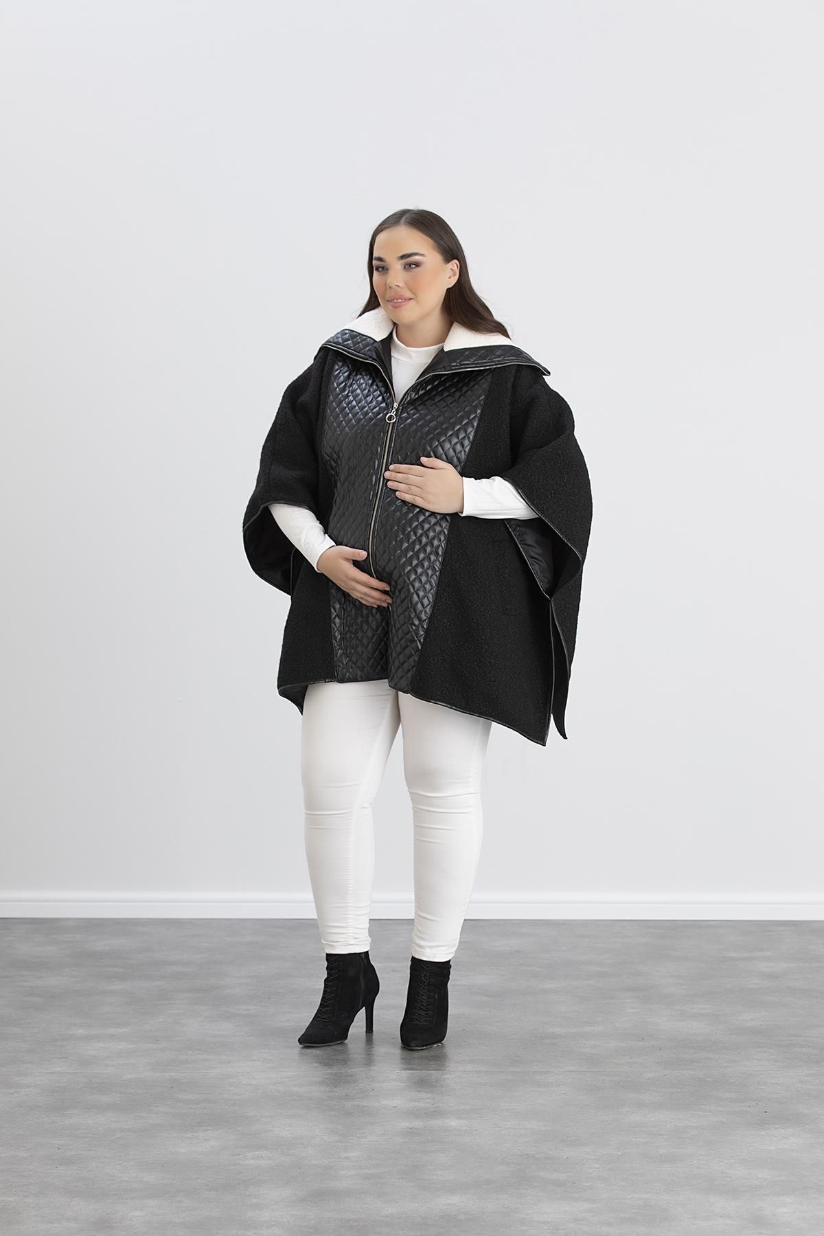 Işşıl-Işşil 9790-Vinleks Faux Leather Boucle Maternity Poncho-Coat 1