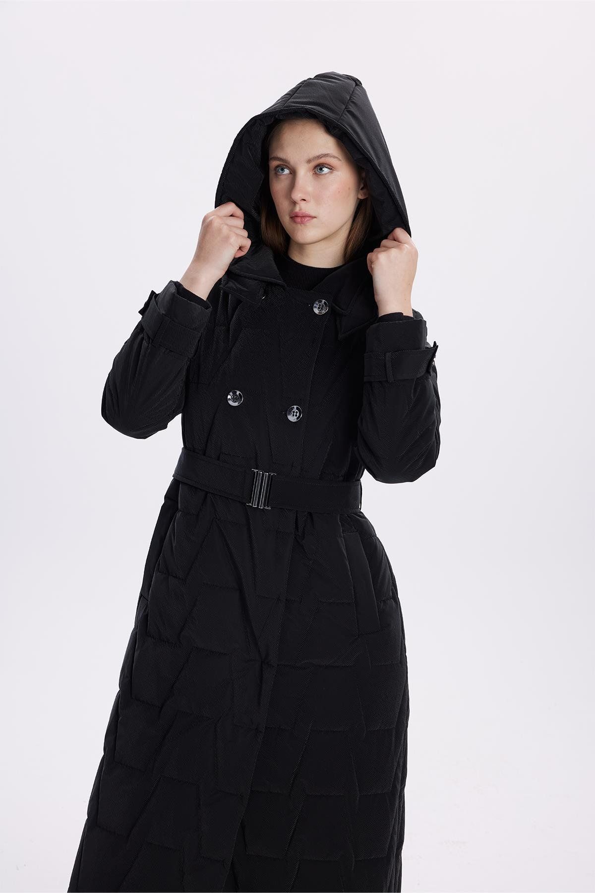 Zühre-Quilted Black Coat with Hooded Belt Detail 13680 3