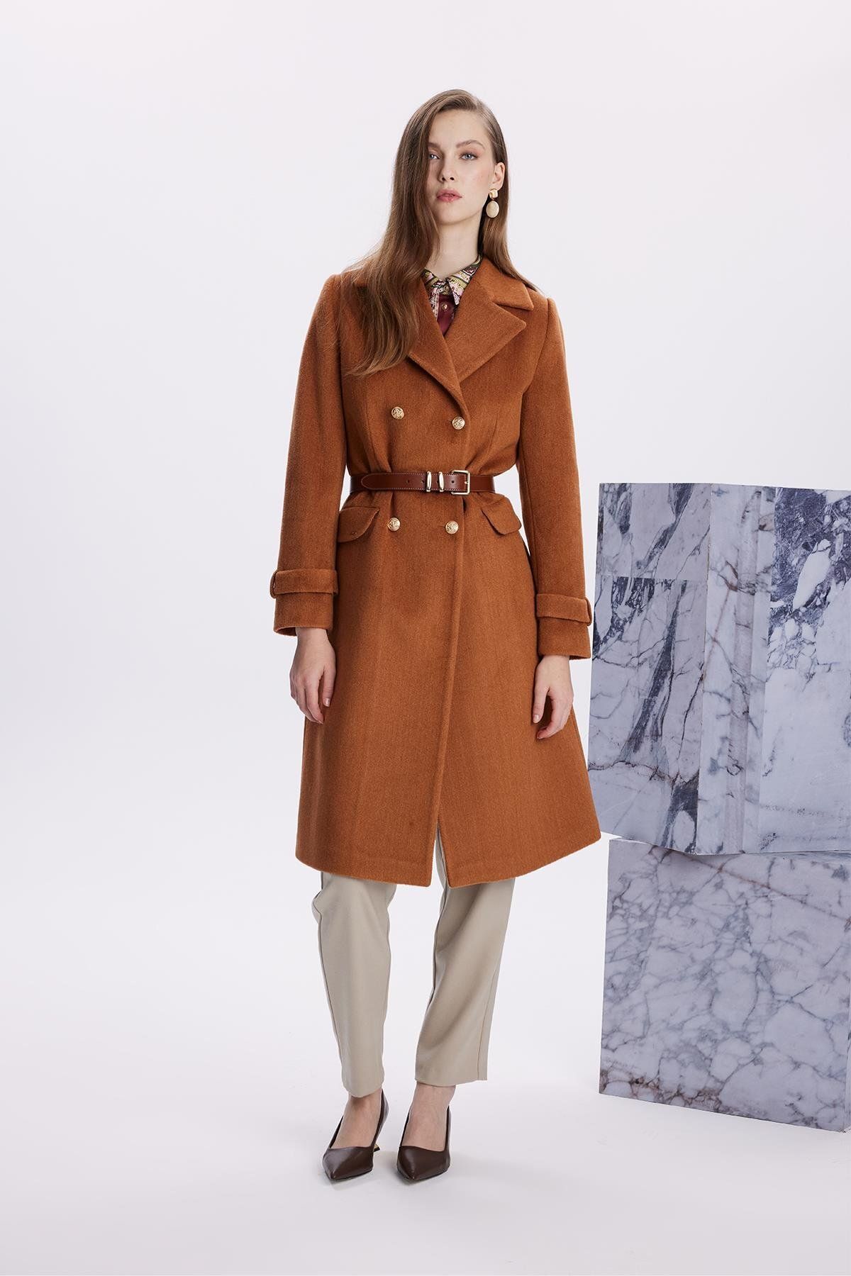 Zühre-Double Breasted Collar Long Tan Coat 13570 1