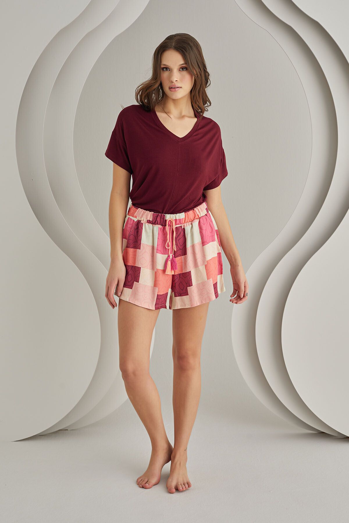 LOYA-Pink Claret Red Square Pattern Shorts Set 6