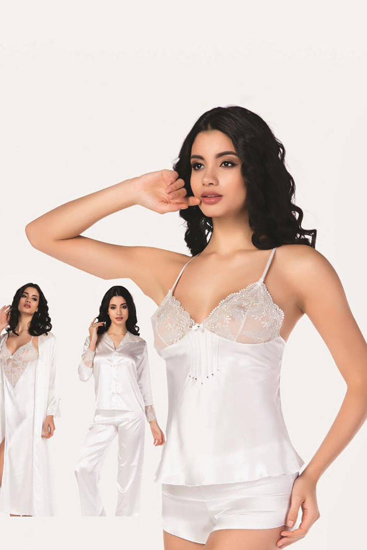 Nbb Ekru 6lı Dantelli Saten Gecelik Seti