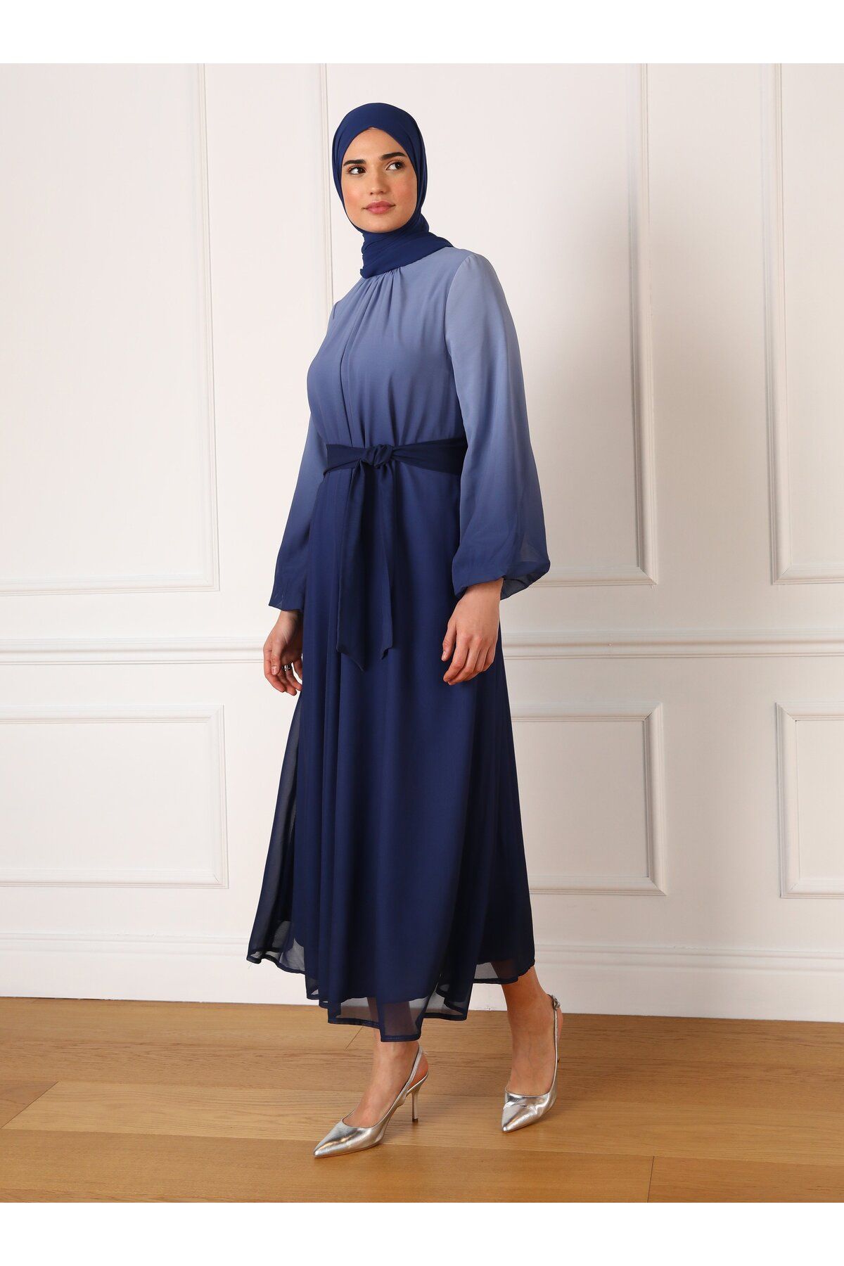 Refka-Belted Gradient Patterned Chiffon Hijab Evening Dress - Navy Blue - Refka 3