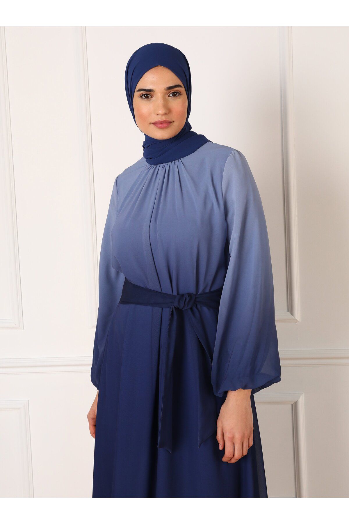 Refka-Belted Gradient Patterned Chiffon Hijab Evening Dress - Navy Blue - Refka 2