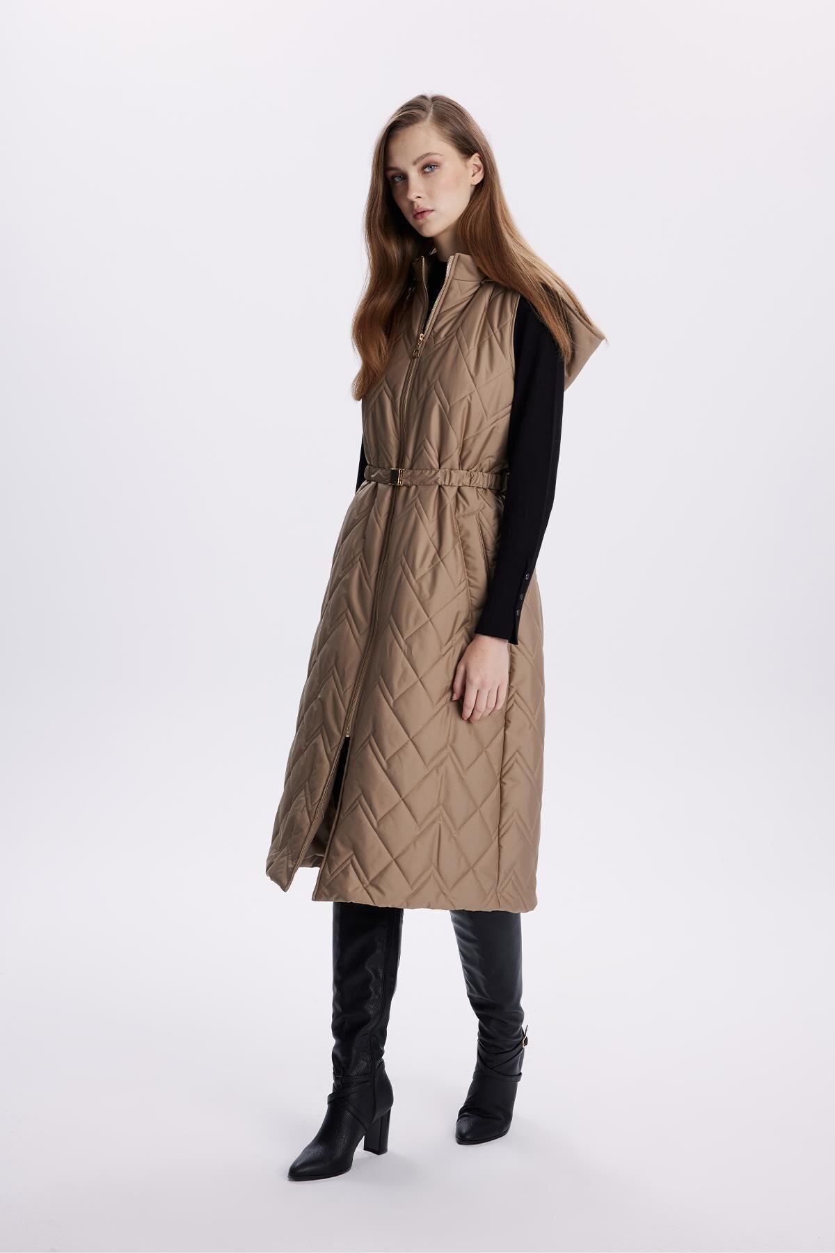 Zühre-Long Quilted Mink Puffer Vest with Hood - Y-0060 3