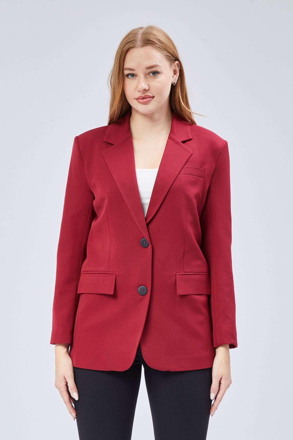 Bolivente-Burgundy Women's Buttoned Oversize Blazer Jacket 1