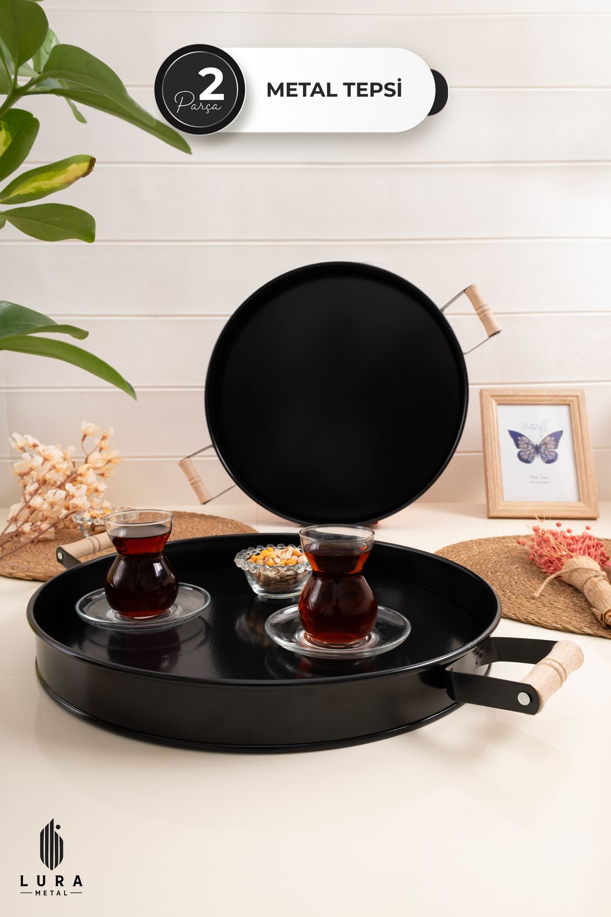 Skygo-Set of 2 Black Wooden Handles Metal Tea and Coffee Presentation Tray - 37 cm 2