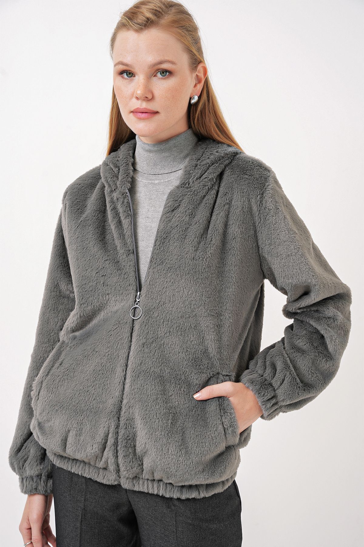 Bigdart-5091 Hooded Fur Lined Coat - Anthracite 1